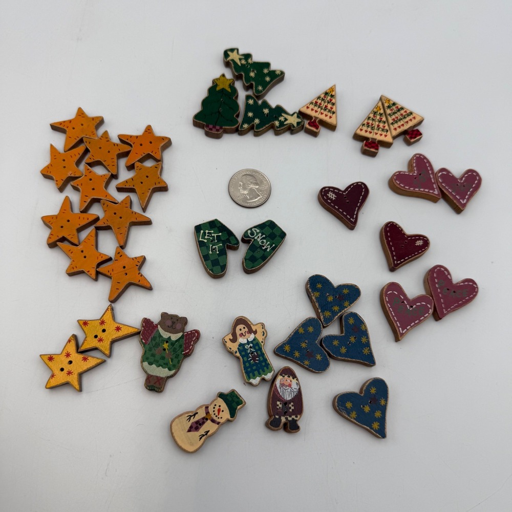Vintage Style Hand Painted Wooden Christmas Winter Buttons Lot Stars Hearts Tree